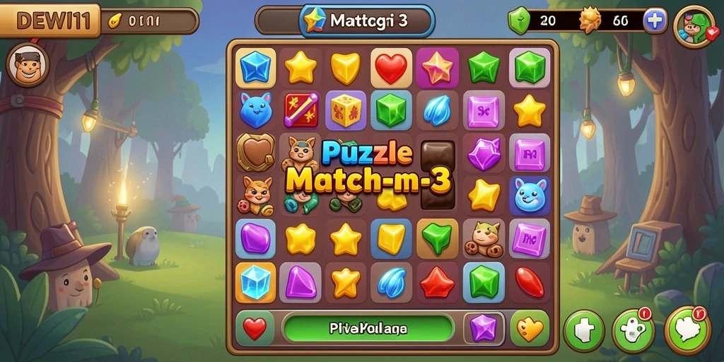 Tampilan antarmuka game Puzzle Match-3 DEWI11 yang menarik.