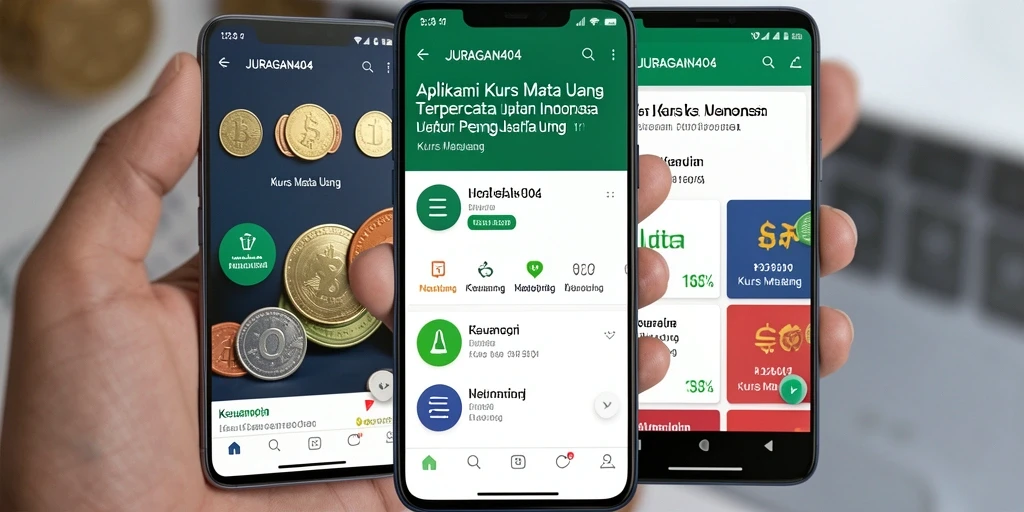 Antarmuka utama aplikasi JURAGAN404 menampilkan kurs mata uang secara real-time.
