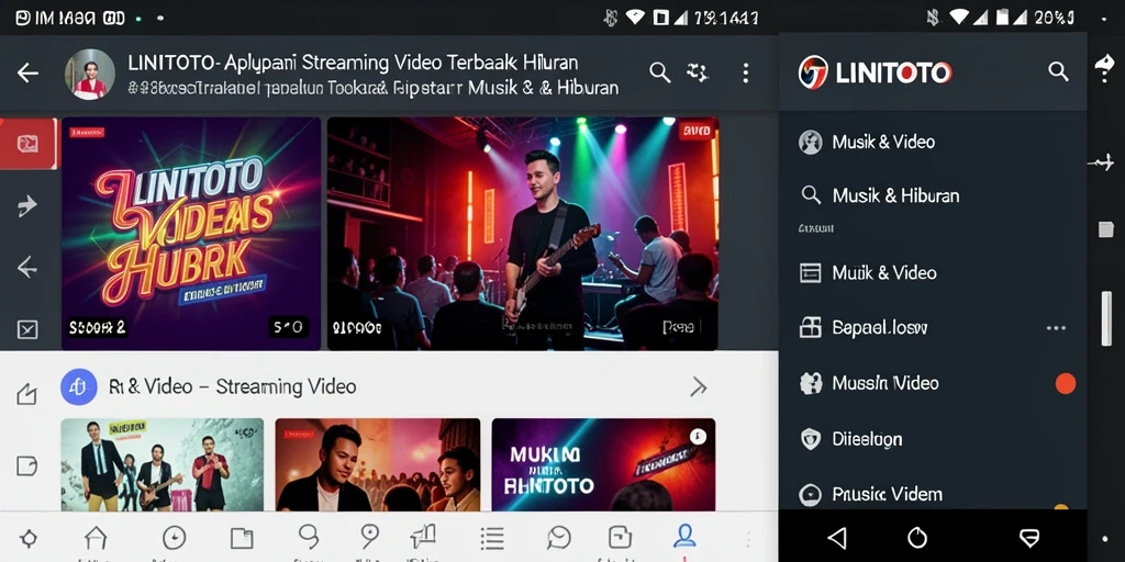 Antarmuka aplikasi LINITOTO menampilkan berbagai pilihan video dan musik dengan jelas.